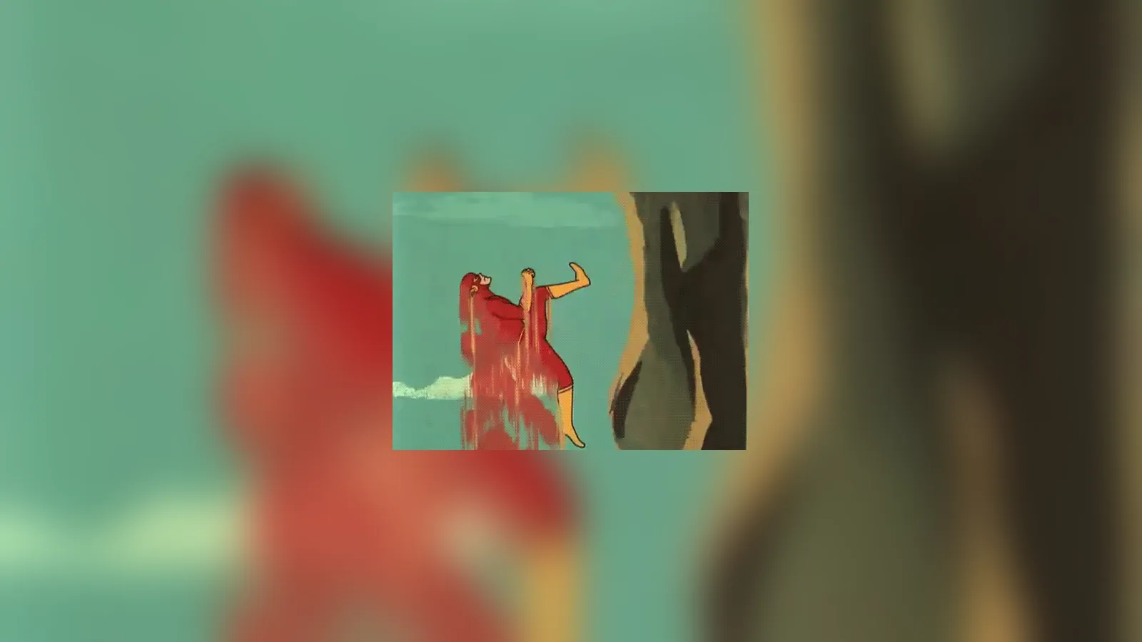 An illustration of a figure in red reclining against a green background