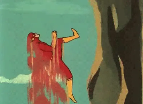 A cartoon figure melting down the trunk of a tree