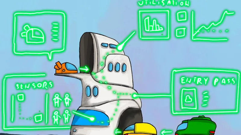 Green hand drawn sketch around a robot figure: panels for sensors, entry pass and utilisation charts feeding data into an office building