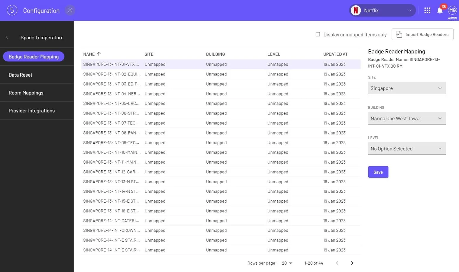 Admin panel section Badge Reader Mapping for a customer: list of 44 badge readers named SINGAPORE-13-INT and SINGAPORE-14-INT, all in the Unmapped state, and a side form assigning site Singapore and building Marina One West Tower