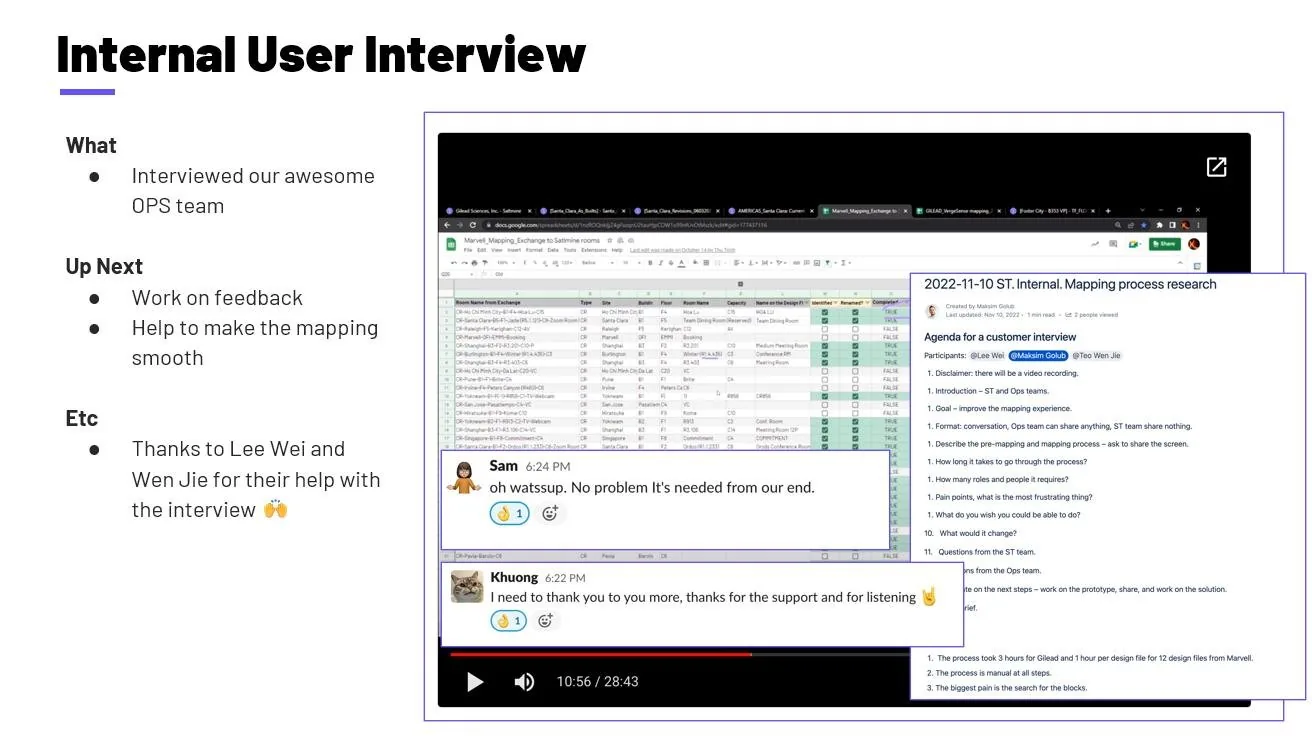 Slide Internal User Interview: bullets about interviewing the Ops team, a screenshot of the room mapping spreadsheet, a recorded call at 10:56 of 28:43 and a research page with the interview agenda