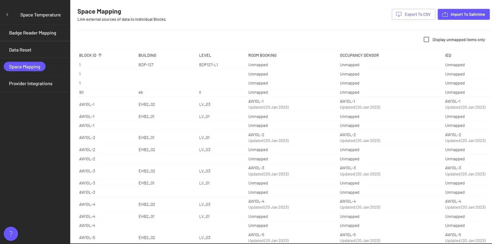 Space Mapping screen of the admin panel: table of block IDs with building and level columns, room booking, occupancy sensor and IEQ columns showing either Unmapped or a mapped name updated 20 Jan 2023, plus a filter for unmapped items only