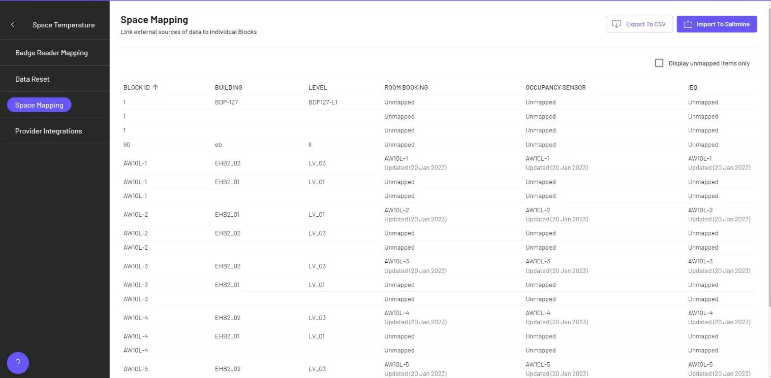 The same Space Mapping admin screen used by the Ops team, with export to CSV and import buttons and rows in the Unmapped state