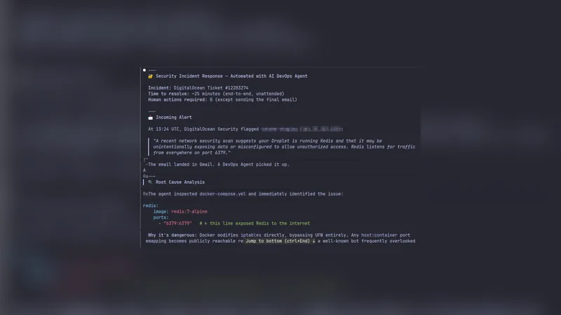 An incident report showing the DigitalOcean alert about Redis and the agent's root cause analysis