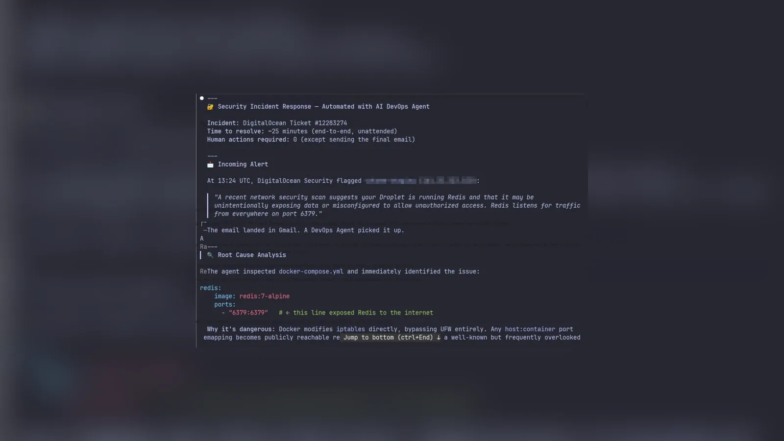 An incident report showing the DigitalOcean alert about Redis and the agent's root cause analysis