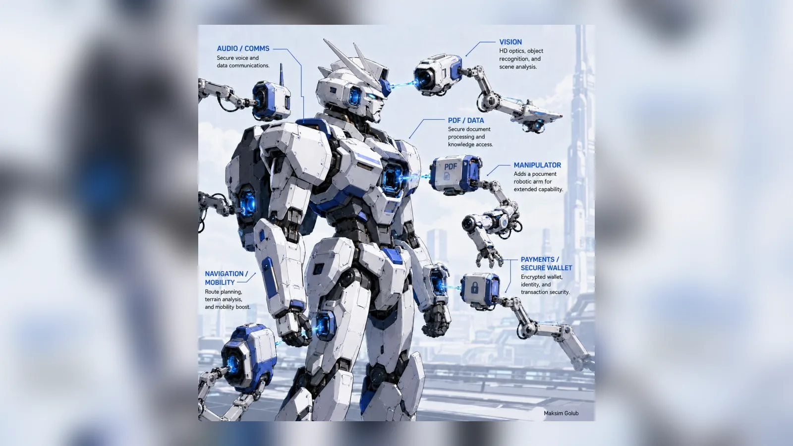 An illustration of a robot labelled with capabilities: audio, vision, data, manipulator, payments, navigation
