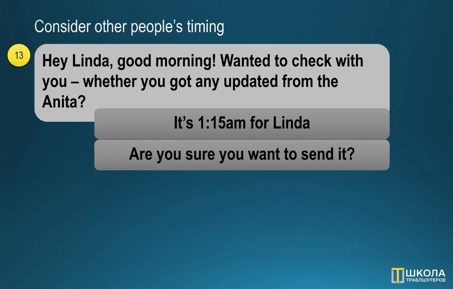 Chat screenshot, Consider other people's timing: the same morning message to Linda with a warning that it is 1:15am for her and a confirmation prompt before sending