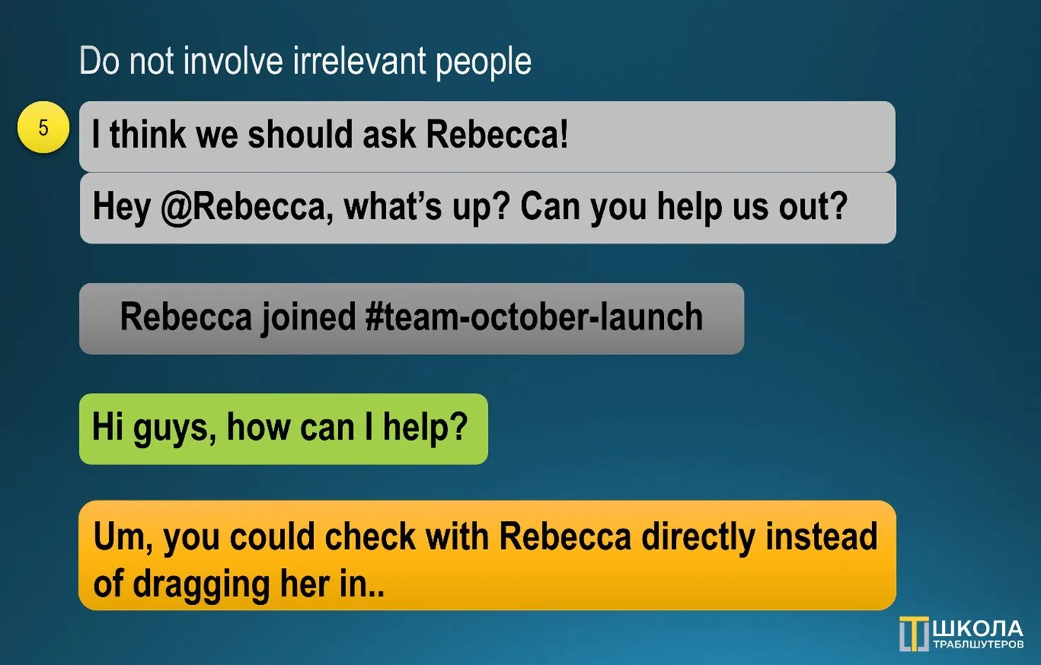 Chat screenshot, Do not involve irrelevant people: Rebecca is pulled into channel team-october-launch without context, asks how she can help, and gets told she should have been asked directly