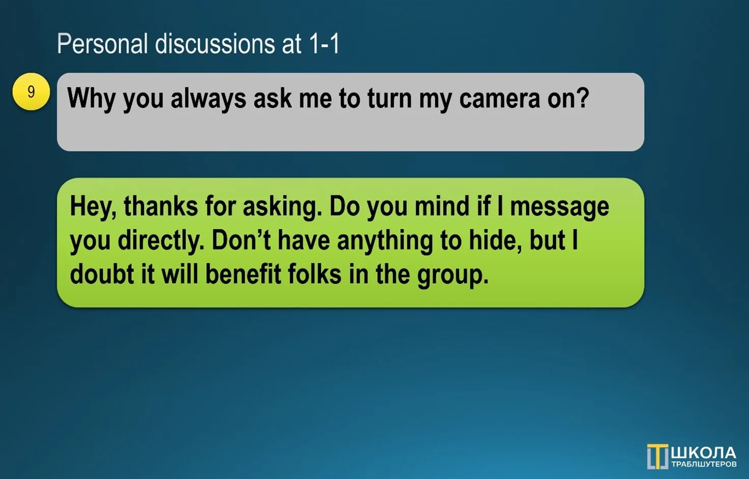 Chat screenshot, Personal discussions at 1-1: a question about cameras in a group and a reply proposing to continue in direct messages