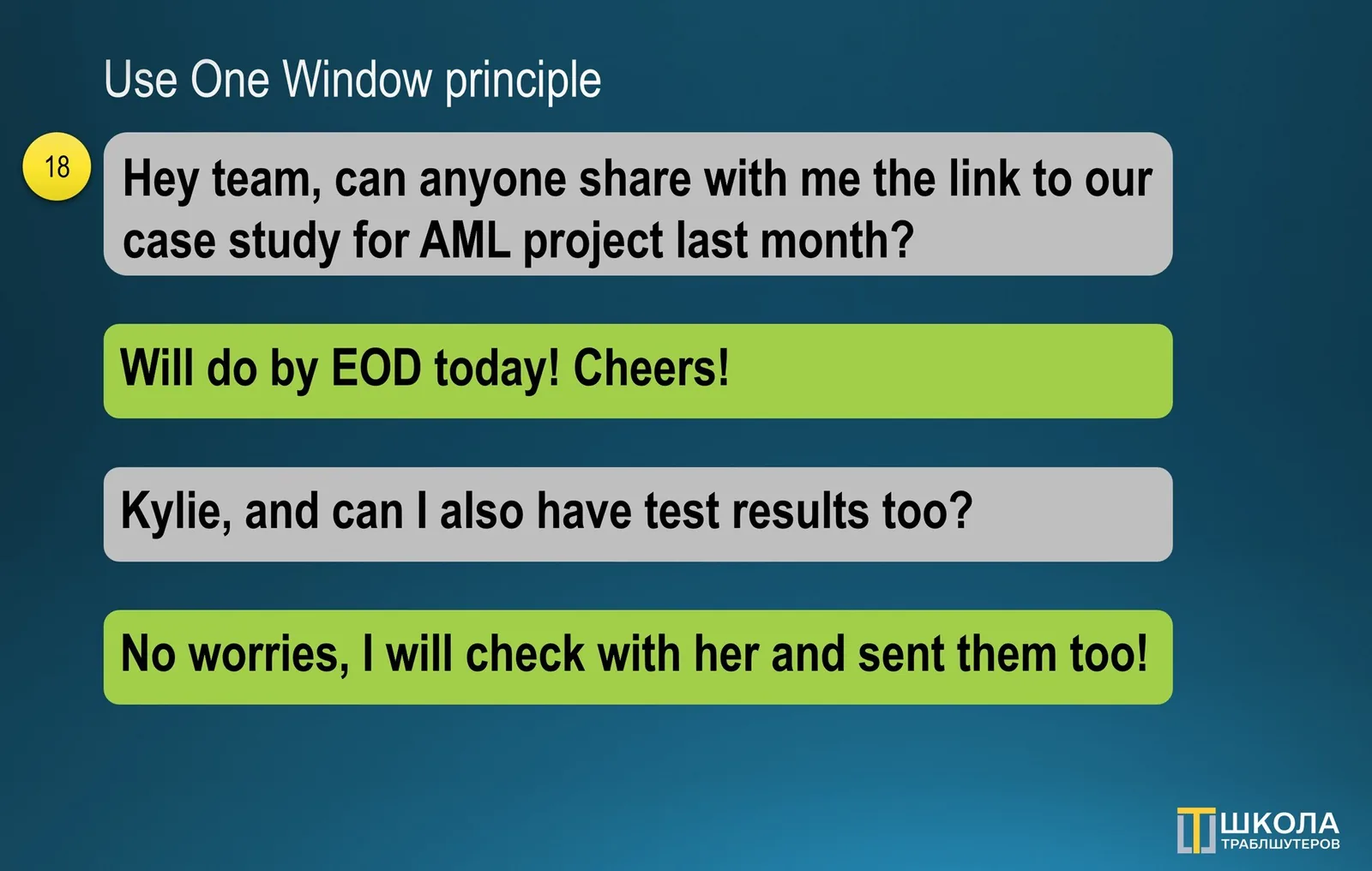 Slide 18 "Use One Window principle": a request for a link to the AML case study, the reply "Will do by EOD today!", an added request for test results and the reply to collect them through one person
