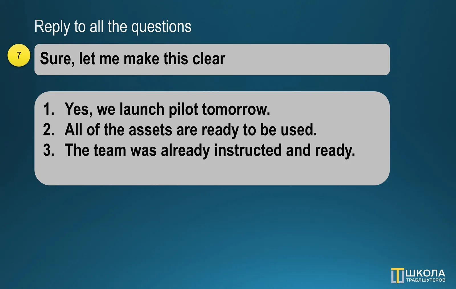 Slide 7 "Reply to all the questions": a message "Sure, let me make this clear" followed by a numbered reply of three points about the pilot launch, the assets and the briefed team