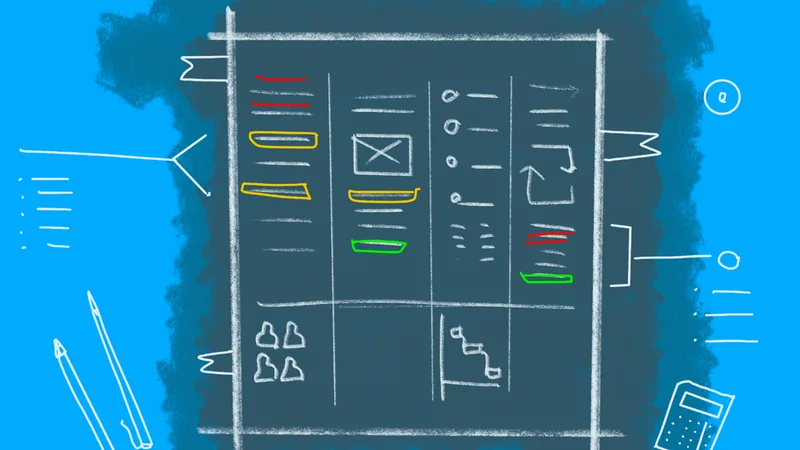 Sketch of a notebook page split into four columns of notes with lines highlighted in red, yellow and green, pencils and a calculator around it