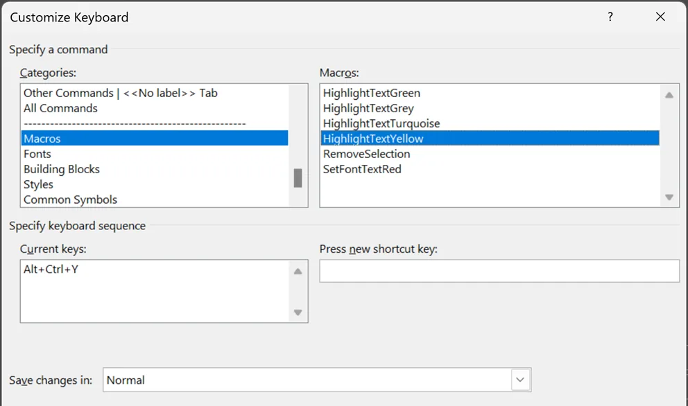 Word dialog Customize Keyboard: category Macros, the macro HighlightTextYellow selected, current keys Alt+Ctrl+Y, changes saved in Normal