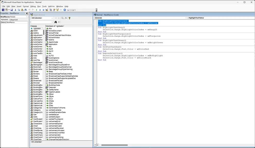Visual Basic editor in Microsoft Word with the NewMacros module open: procedures HighlightTextYellow, HighlightTextGrey, HighlightTextTurquoise, HighlightTextGreen, SetFontTextRed and RemoveSelection