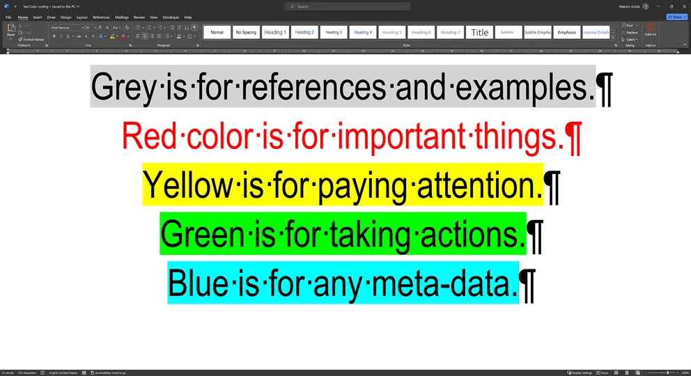Microsoft Word document with five lines of colour coding: grey for references and examples, red for important things, yellow for paying attention, green for taking actions, blue for meta-data