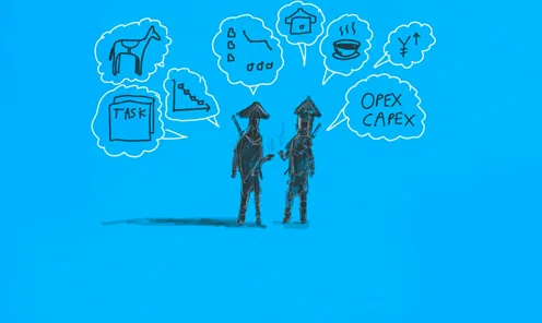 Sketch of two figures in conical hats standing together, speech bubbles above them holding a task card, charts, a house, a bowl of food, currency signs and the words OPEX CAPEX