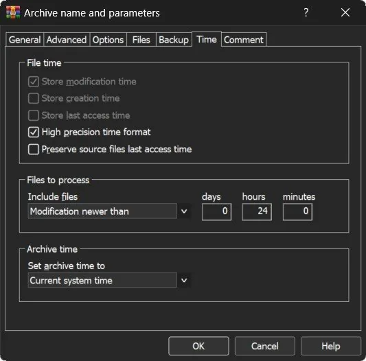 Same WinRAR dialog, Time tab: Include files set to Modification newer than 0 days, 24 hours, 0 minutes, archive time set to current system time
