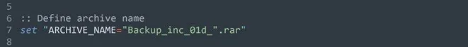Two lines of a bat file: comment Define archive name and set ARCHIVE_NAME="Backup_inc_01d_".rar