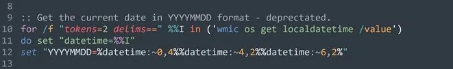 Bat file fragment that reads wmic os get localdatetime and cuts the string into a YYYYMMDD variable, marked in the comment as deprecated