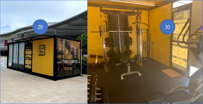 The idea of the yellow container (29) is to have a gym at convenient locations.