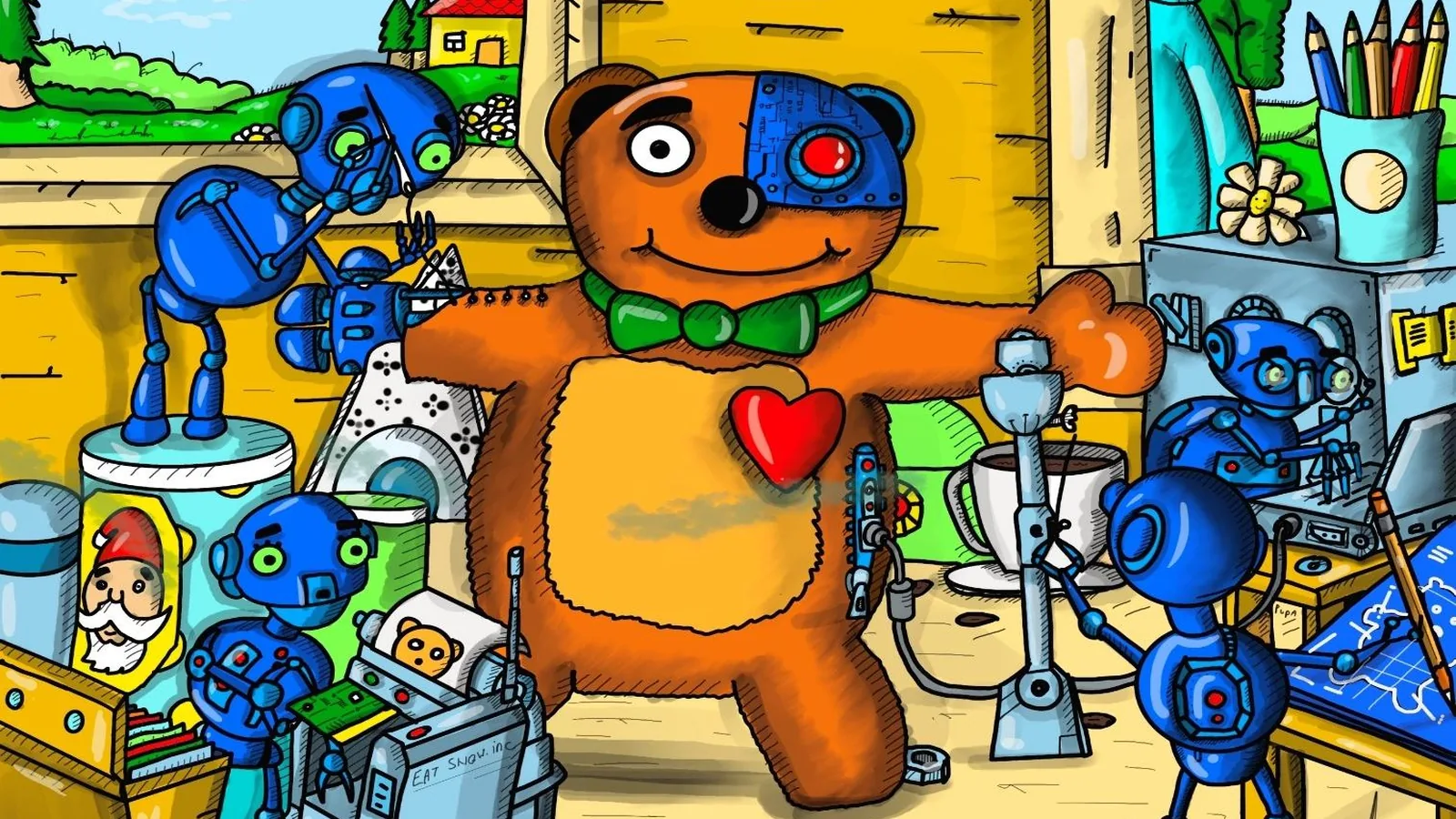 Cartoon of a teddy bear with a robot half of its head, surrounded by small blue robots assembling and repairing it in a workshop