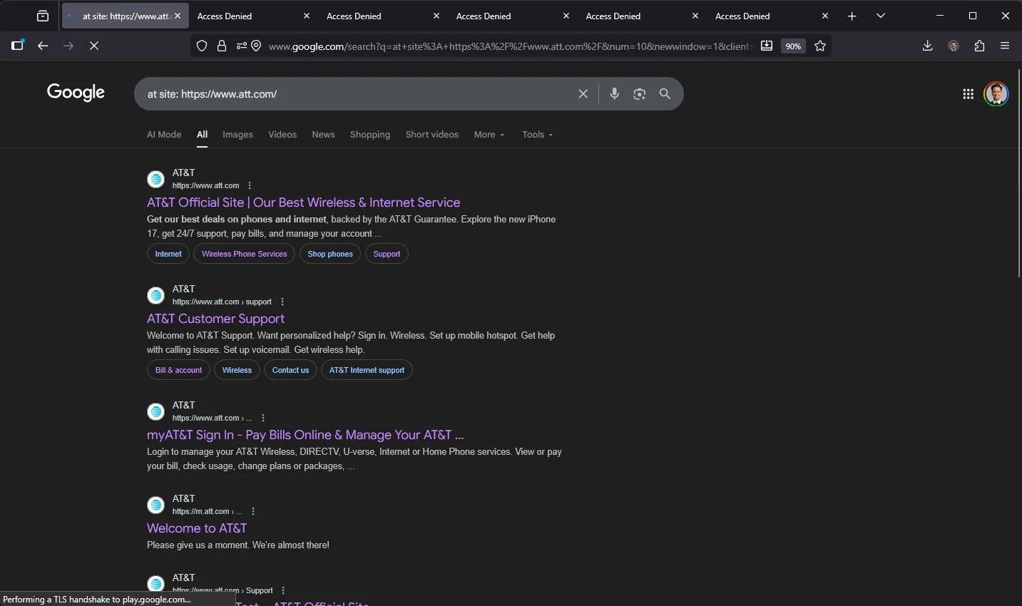 Browser with six tabs titled Access Denied and a Google search for at site https://www.att.com listing the main page, support, sign in and other sections of the site