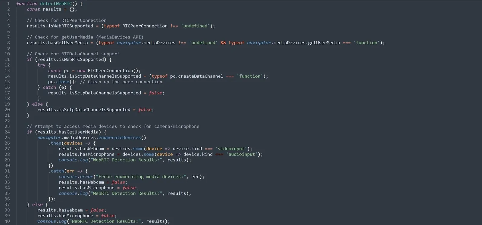 JavaScript function detectWebRTC that checks RTCPeerConnection and getUserMedia support, opens a data channel, enumerates media devices and logs whether a webcam and microphone are present