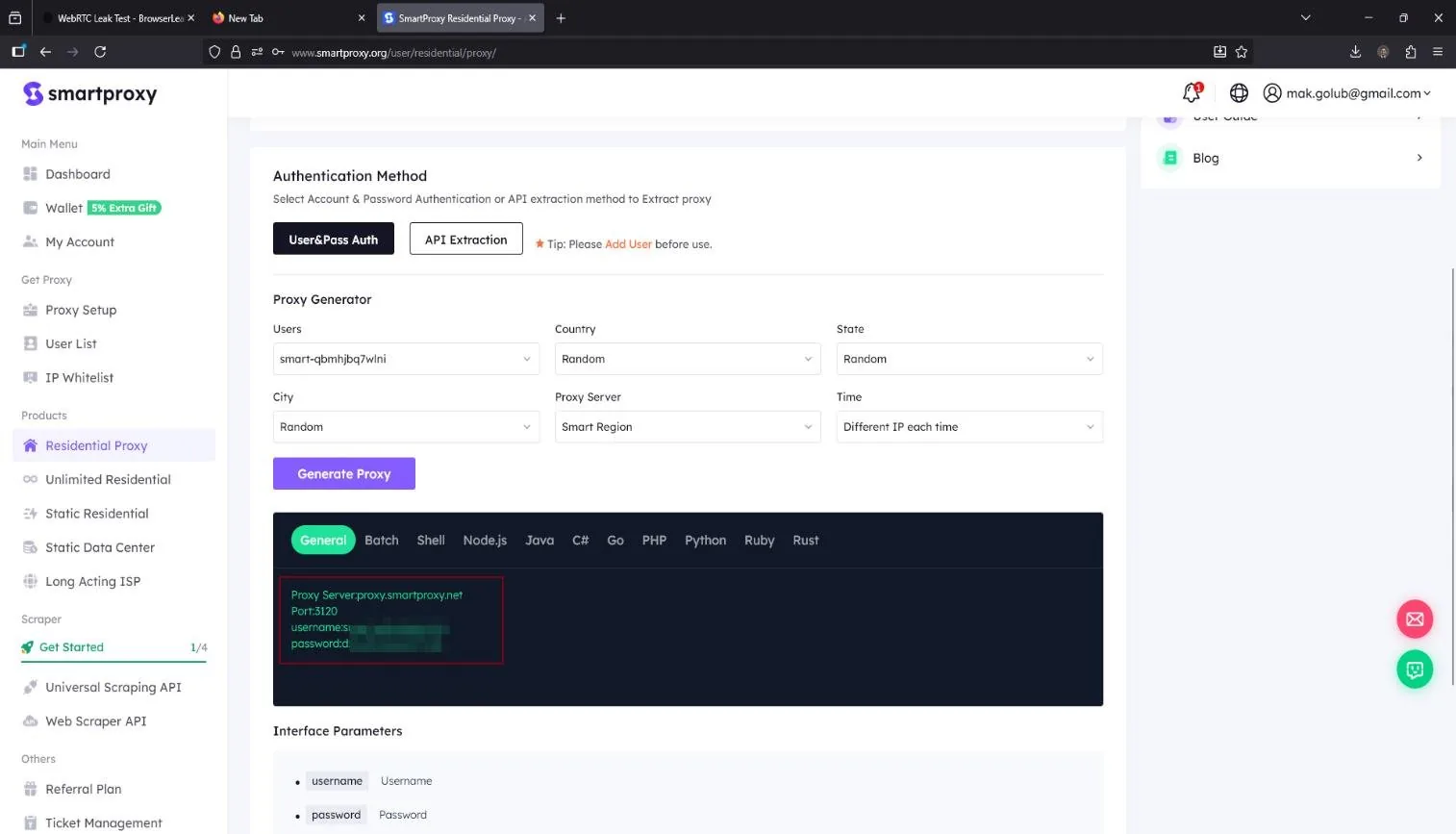 Smartproxy residential proxy generator: user and password authentication, country, state and city set to random, smart region server, different IP each time, and the generated host proxy.smartproxy.net port 3120 with credentials masked