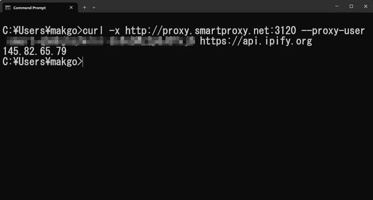 Command prompt: curl through proxy.smartproxy.net port 3120 to api.ipify.org returns the address 145.82.65.79