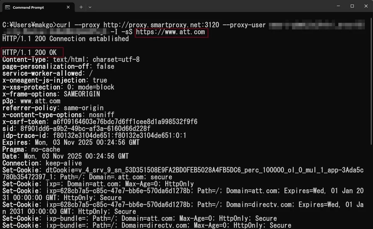 Command prompt: curl with head request to https://www.att.com through the same proxy returns HTTP/1.1 200 OK with content type text/html and a set of cookies and security headers