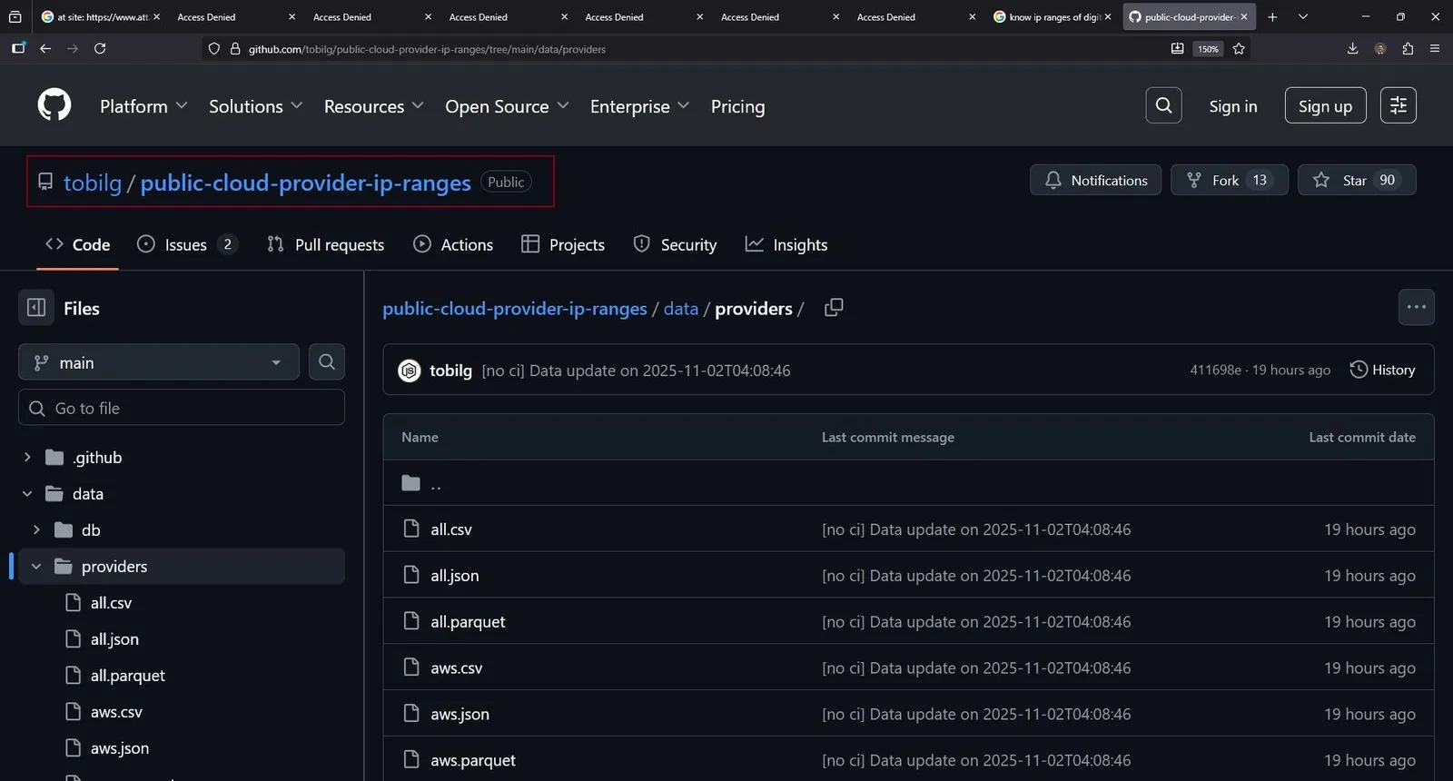 GitHub repository tobilg/public-cloud-provider-ip-ranges, folder data/providers with files all.csv, all.json, all.parquet, aws.csv and aws.json updated 19 hours ago