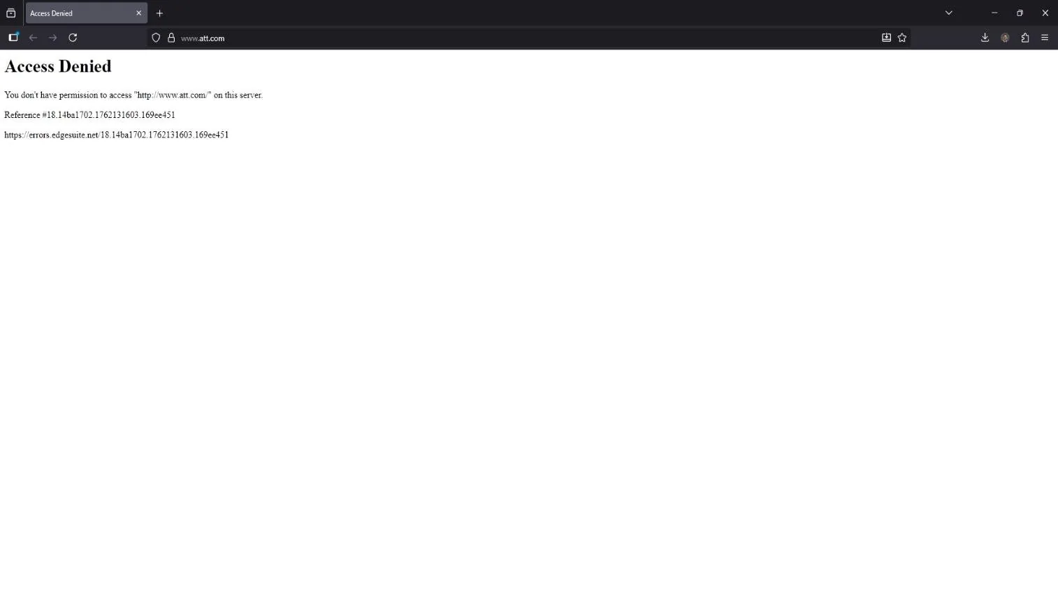 The same Access Denied page in a clean browser window: no permission to access http://www.att.com on this server, with a reference number and an errors.edgesuite.net link