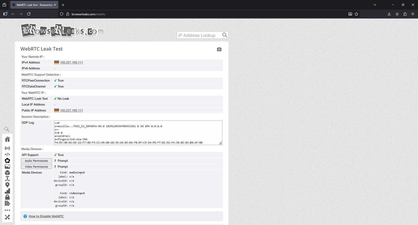 WebRTC leak test on browserleaks.com: remote IPv4 165.227.160.111, RTCPeerConnection and RTCDataChannel supported, verdict No Leak, empty local IP and an SDP log