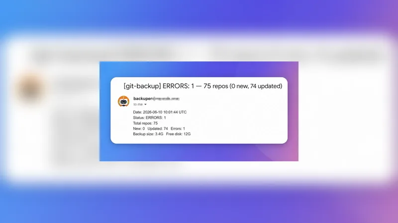 An email from the backup bot reporting seventy five repositories mirrored with one error