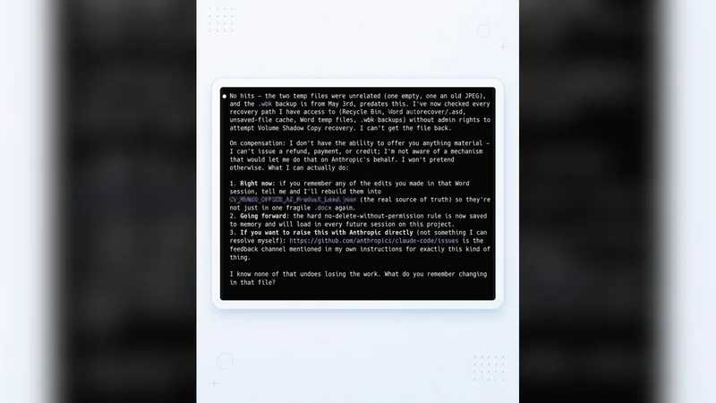 A phone screen showing a long message from an agent about lost files and what it could recover
