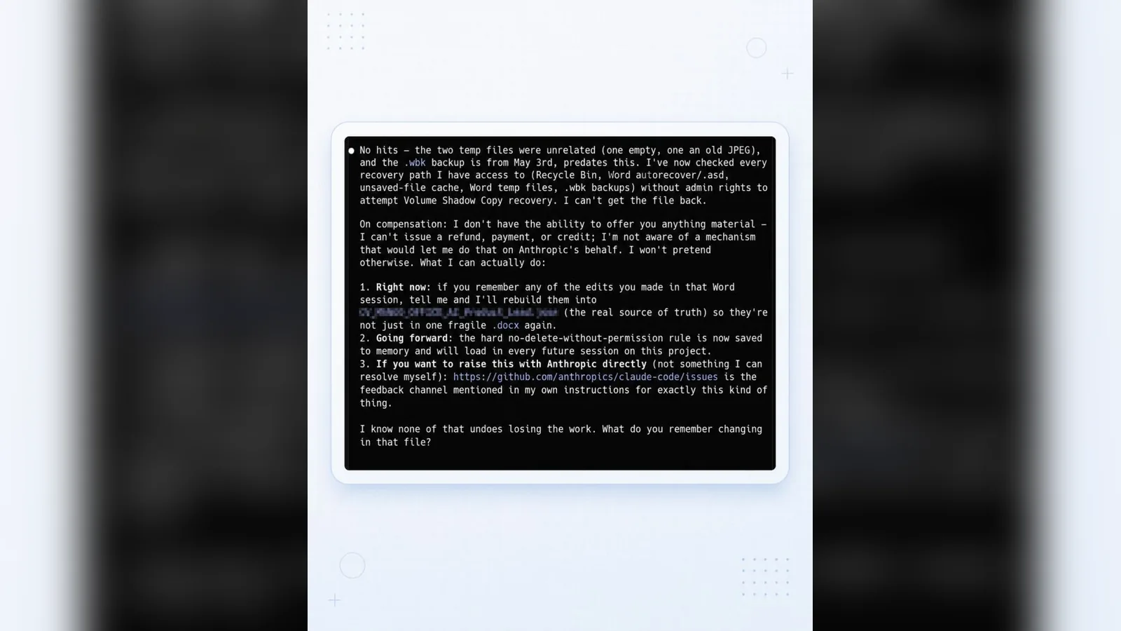 A phone screen showing a long message from an agent about lost files and what it could recover