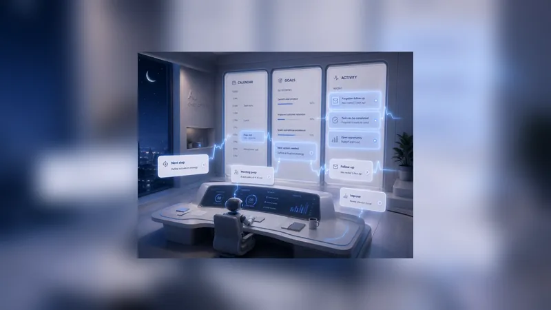 An illustration of a control room with calendar, goals and activity panels above a desk