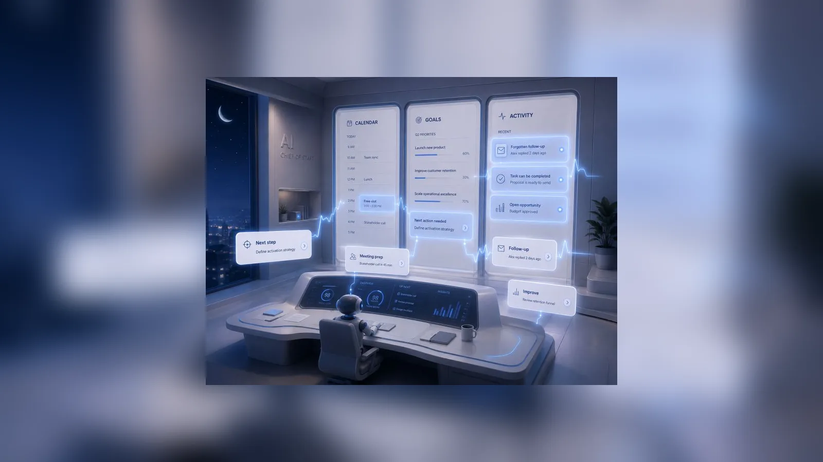 An illustration of a control room with calendar, goals and activity panels above a desk