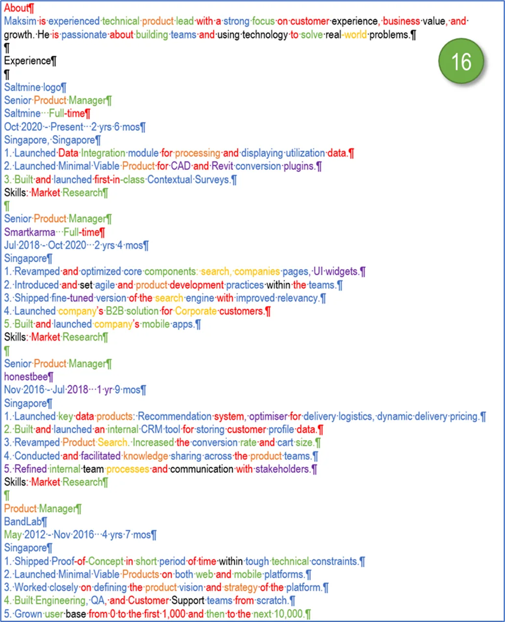 The same text after the frequency script: every word coloured, warm red and orange shades dominate, meaning high frequency