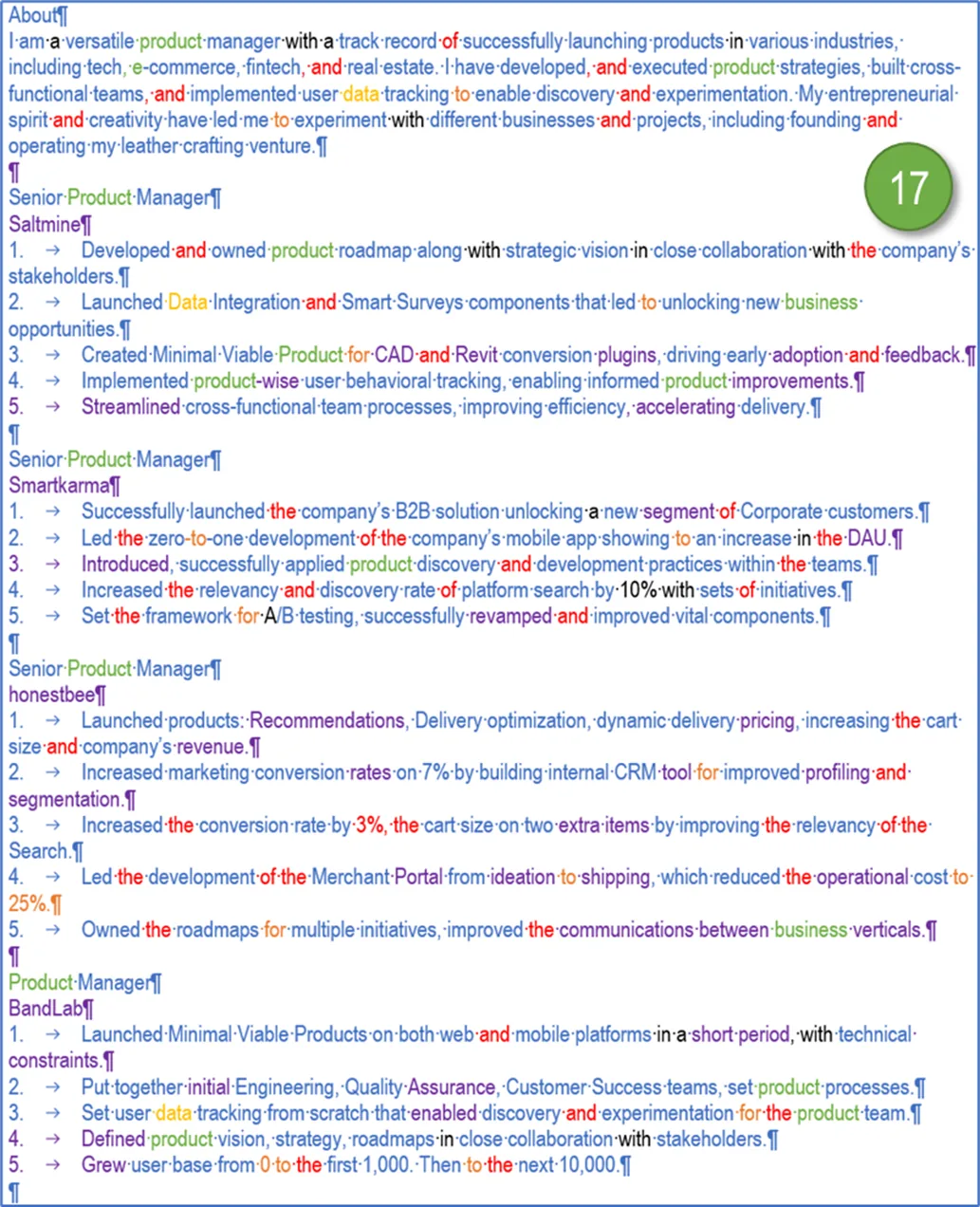 The text after four rounds of edits: cold blue and violet shades dominate, marker 17