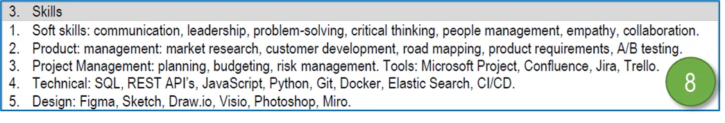 The Skills section split into five numbered groups: soft skills, product, project management, technical, design