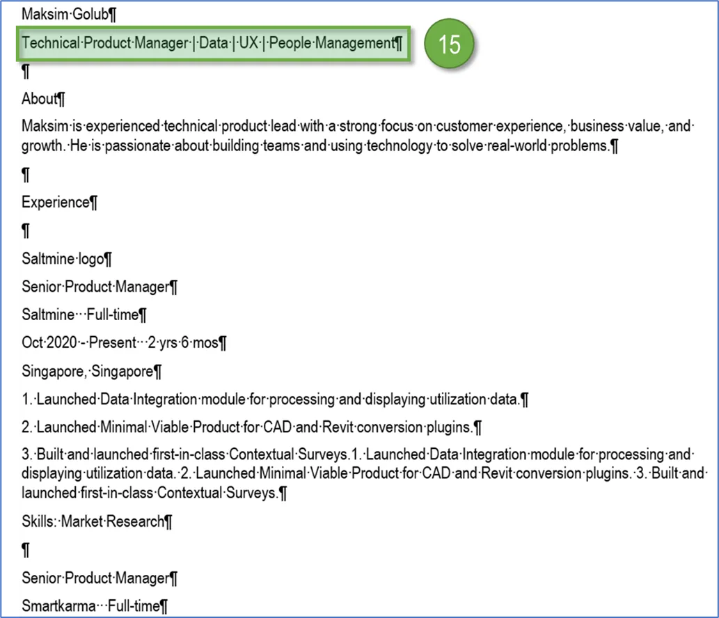 Resume text pasted as a flat file, the headline line Technical Product Manager | Data | UX | People Management highlighted, marker 15