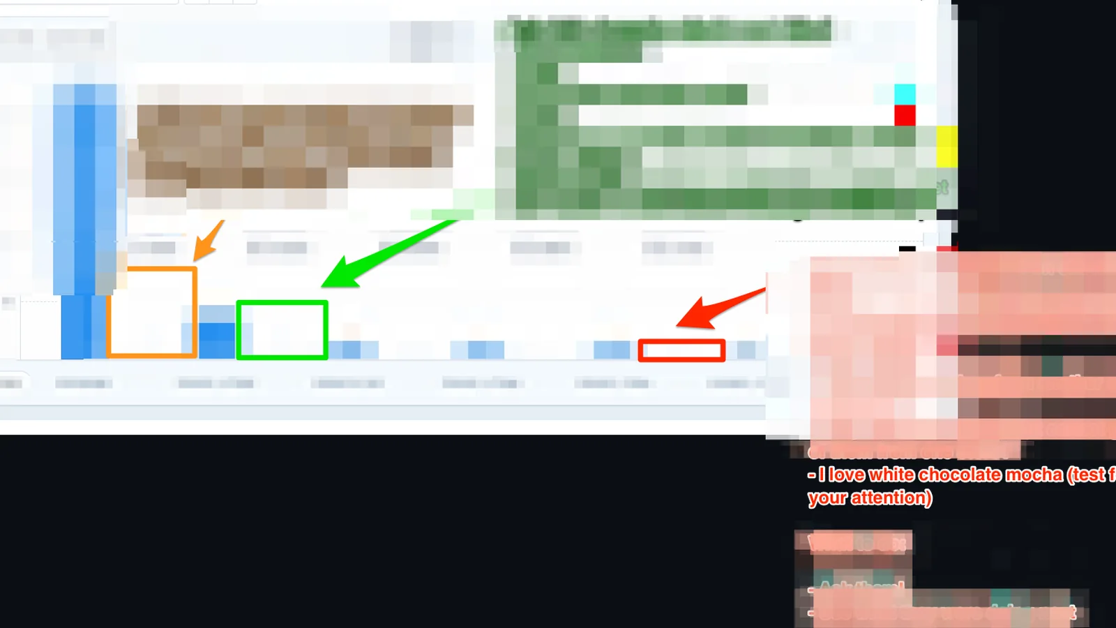 A blurred spreadsheet screenshot with arrows pointing at two highlighted cells