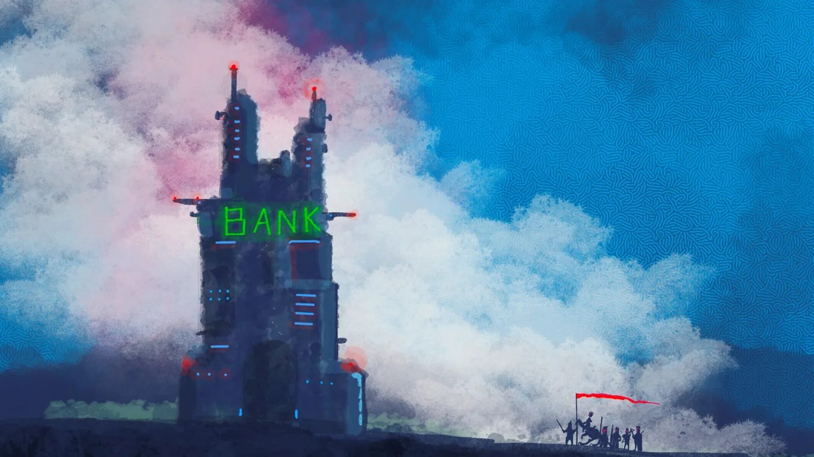 A dark bank tower with a green BANK sign against clouds, with a small group of horsemen under a red banner approaching it across the plain