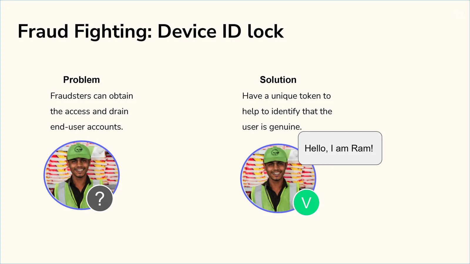 Slide "Fraud Fighting: Device ID lock" split into Problem and Solution: fraudsters can obtain access and drain end-user accounts, against a unique token confirming the user is genuine, with a photo marked by a question mark on the left and by a green check on the right