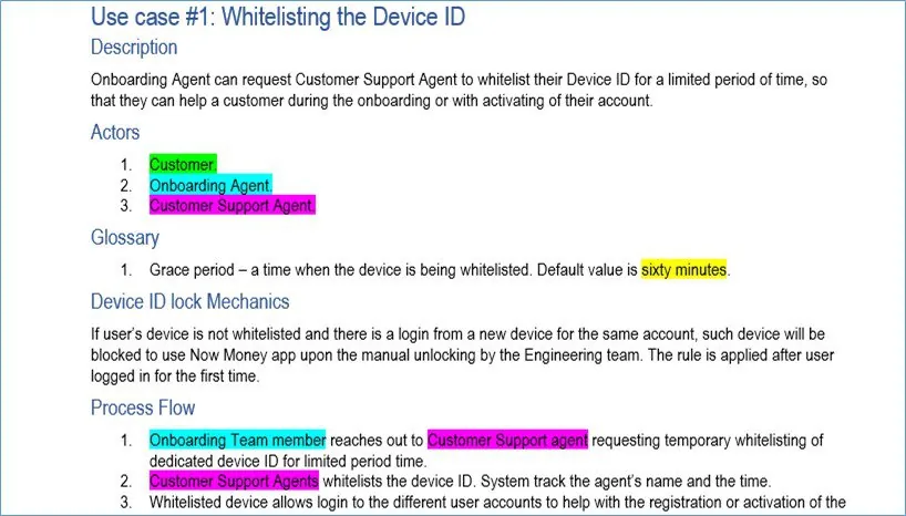 Document "Use case number one: Whitelisting the Device ID" with sections Description, Actors, Glossary, Device ID lock Mechanics and Process Flow, roles highlighted by colour and a grace period of sixty minutes
