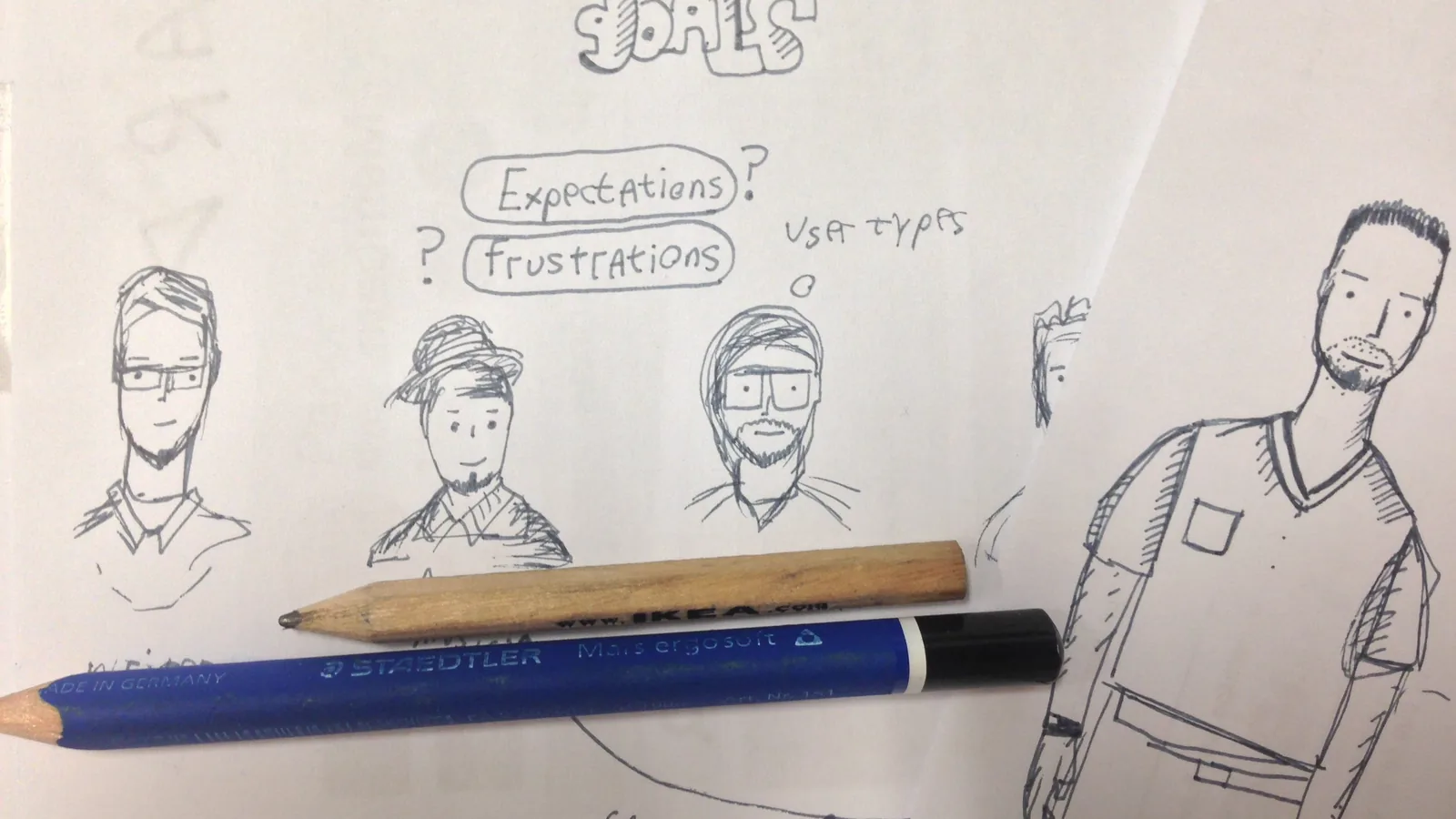 A pencil sketch of four personas around the word Goals, with a pencil lying on the page