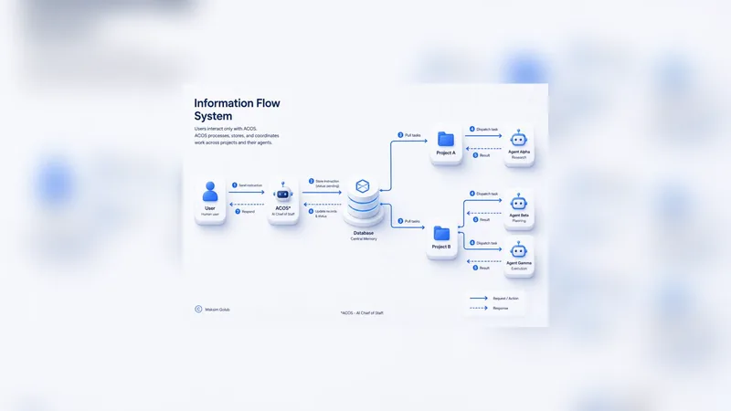 A diagram of an information flow system: a user, a central agent, a database and per project agents