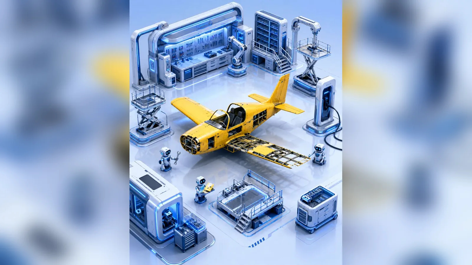 An illustration of robots assembling a yellow aeroplane inside a hangar