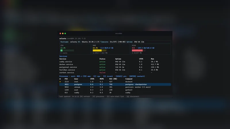 The Nexoder terminal interface showing host statistics and a list of services